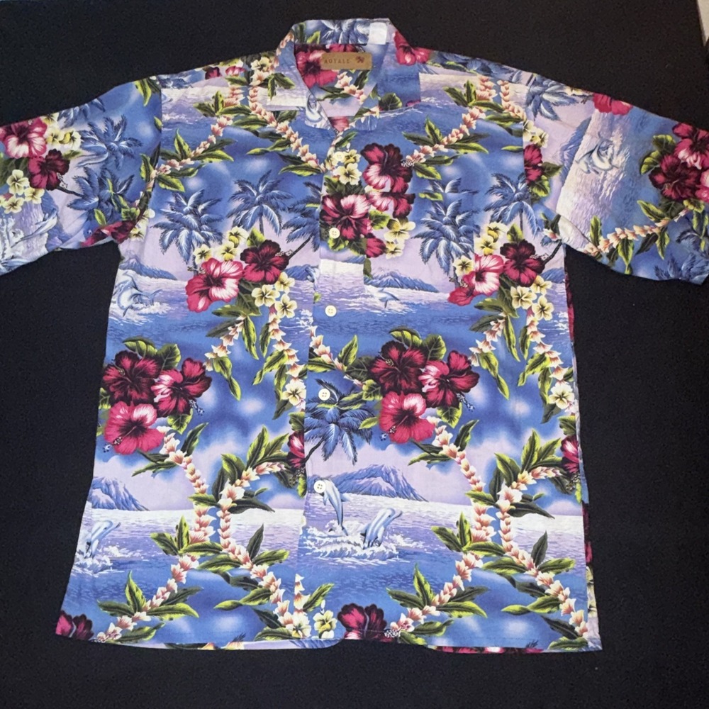 ROYALE HAWAIIAN dolphins & flowers Hawaiian Button Down‎ Mens Large